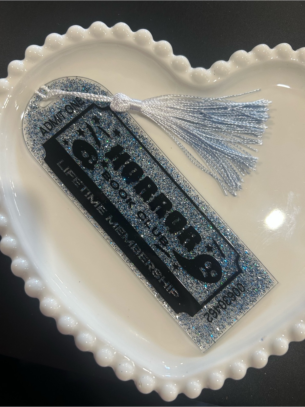 Glitter Blue Silver Ticket Bookmark with Tassel